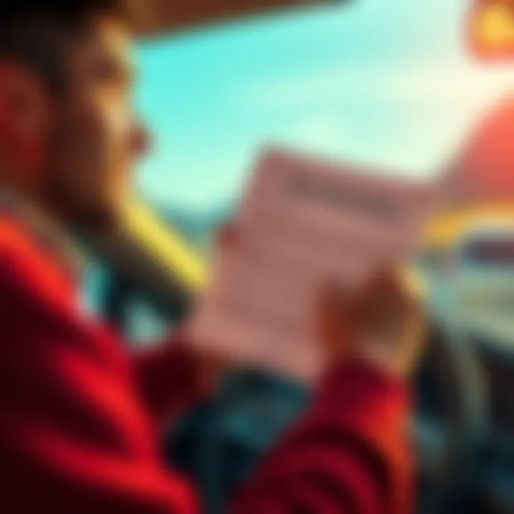 A person holding a car insurance document while looking relieved after selling cryptocurrency for essentials.