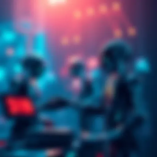 A digital representation of the Cardano blockchain with AI agents interacting and processing transactions, symbolizing secure payments in technology.