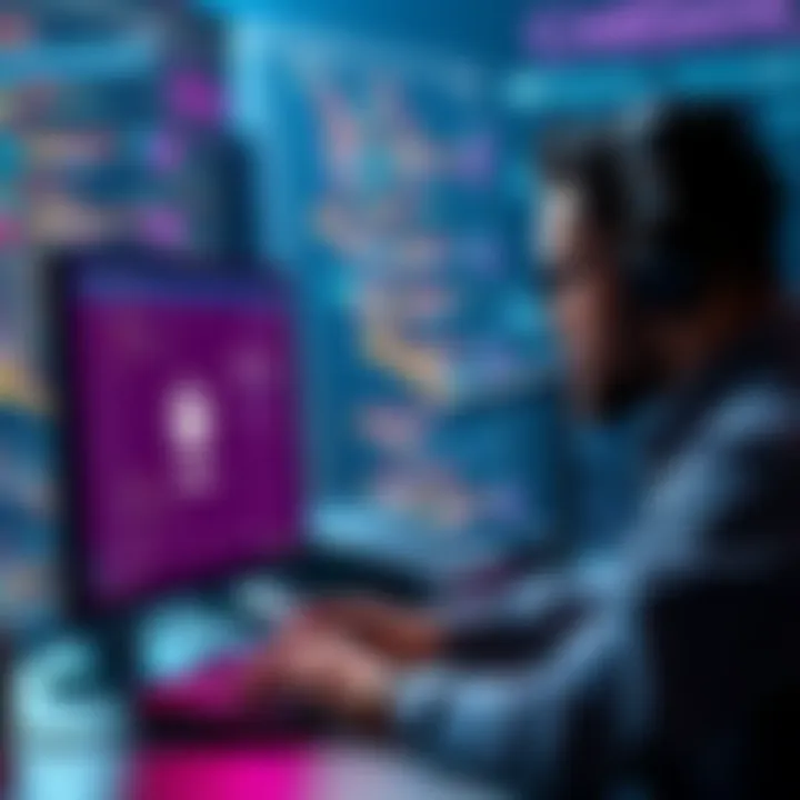 A developer working on a computer with Cardano logo, showcasing the Scalus In-Memory Emulator in action, improving project efficiency.