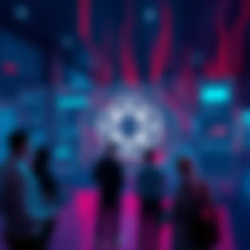 People collaborating around a digital interface showcasing the Cardano logo and related technology, symbolizing future economic infrastructure.