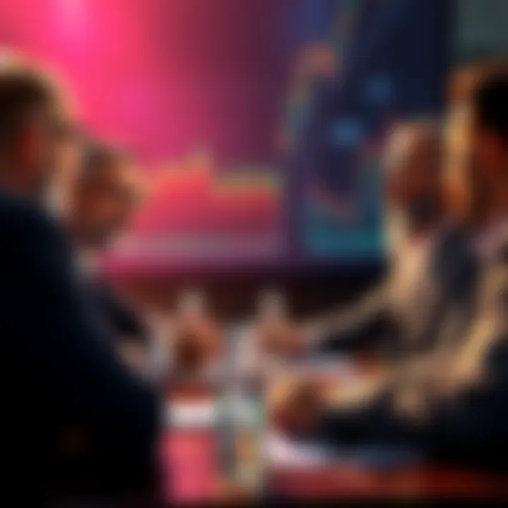 Cardano's Future Debate People discussing the future of Cardano and its founder Charles Hoskinson, with charts showing market trends in the background.