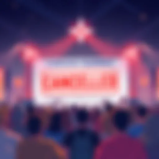 An illustration showing a canceled event sign for the Cardano 2026 Summit with disappointed fans in the background.