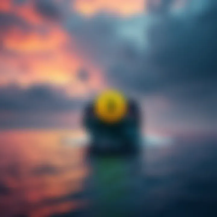 A cargo ship transiting the Strait of Hormuz with a crypto currency symbol overlay, representing new shipping fees implemented by Iran.