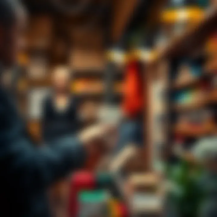 A person hands cash to a shopkeeper at a small, cozy store, illustrating the benefits of cash payments for local businesses.