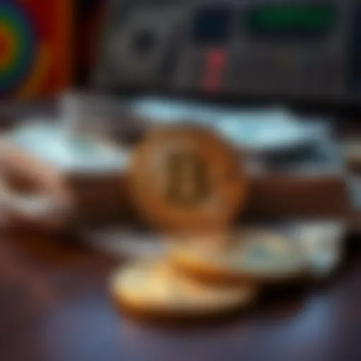 A pile of cash next to a Bitcoin symbol on a table, highlighting the exchange between physical money and cryptocurrency.