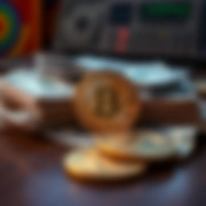 A pile of cash next to a Bitcoin symbol on a table, highlighting the exchange between physical money and cryptocurrency.