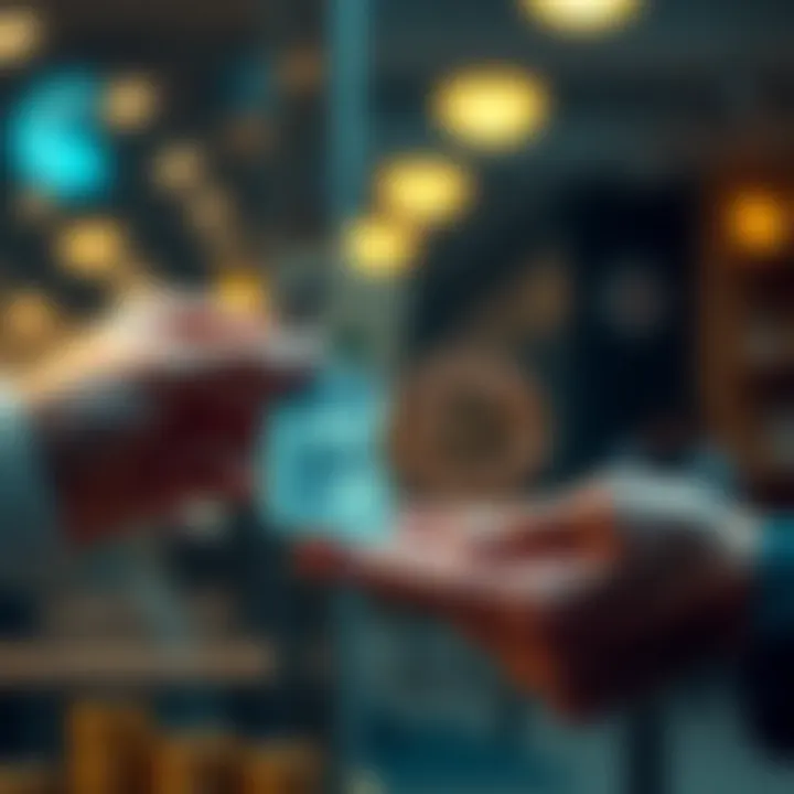 A person exchanging cash for Bitcoin, symbolizing the conversion of fiat currency into cryptocurrency.