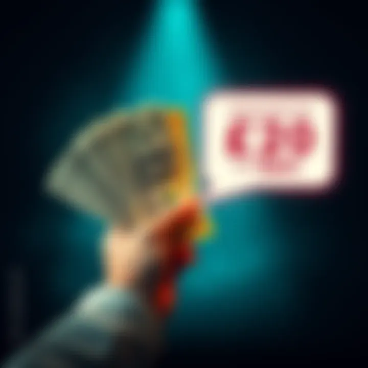 Cash Offer Announcement A person holding cash in their hand, with a message bubble showing 'Get $20 fast!'