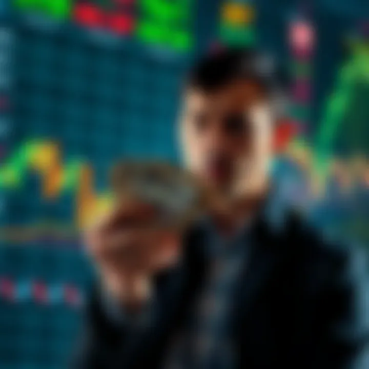 A person holding cash while looking worried at a stock market chart showing a downward trend, symbolizing the impact of war on investments.