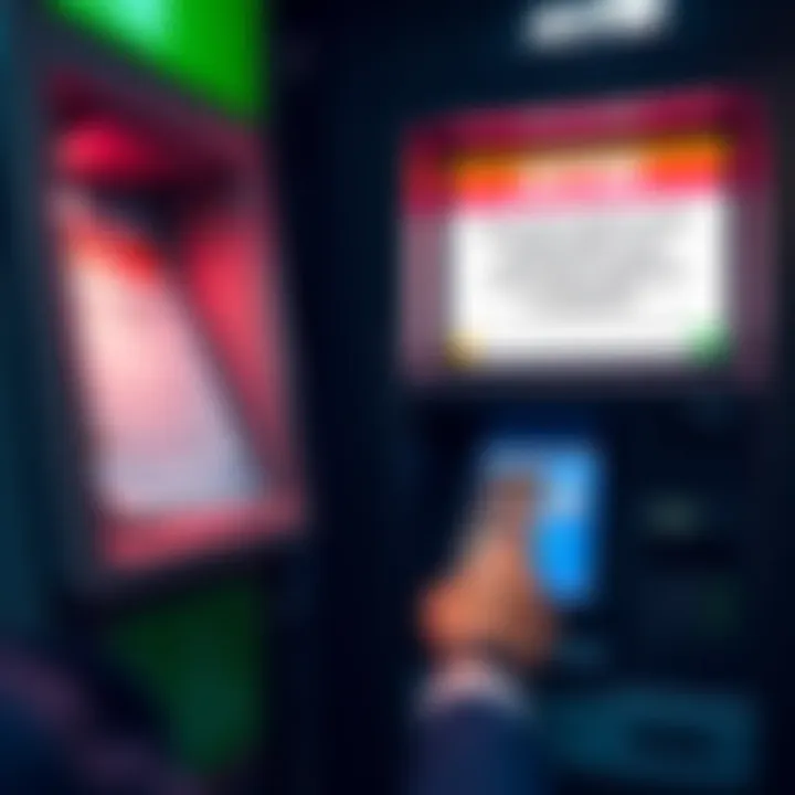 A person withdrawing cash from an ATM with a concerned look while a notice about cash deposits is displayed on the screen.