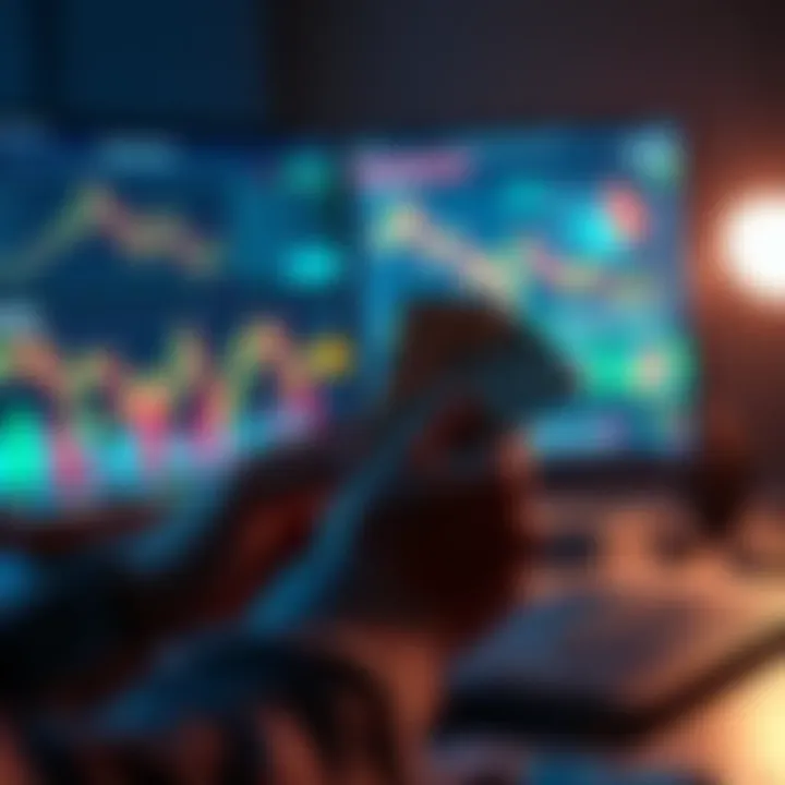 A person holding cash while looking at investment charts and graphs on a computer screen, contemplating financial choices.