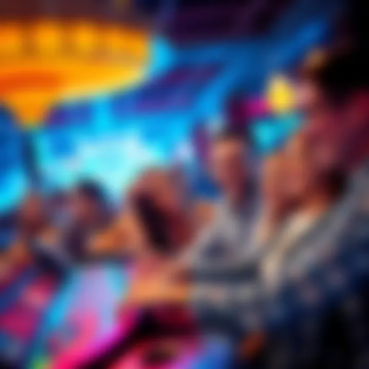 A group of friends laughing and playing games at a vibrant casino, enjoying face-to-face interactions