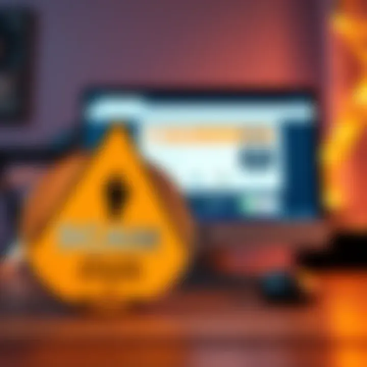 A warning sign against scams with a coin and a computer screen showing a questionable website