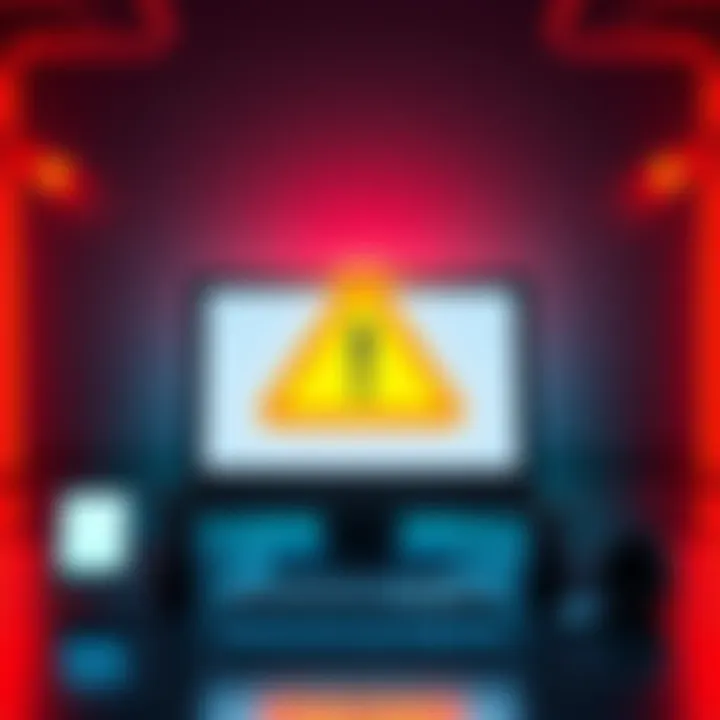 A bright caution sign symbolizing online safety with a computer and a warning triangle