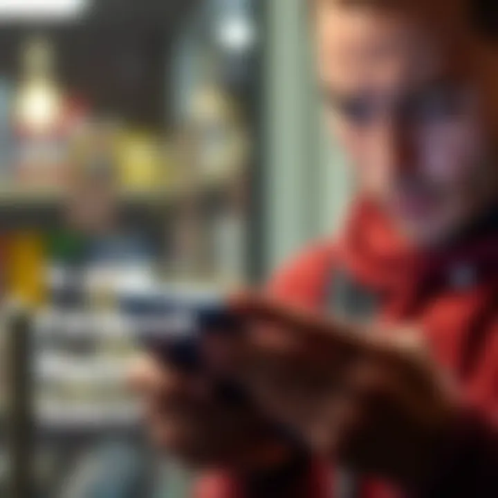 Cautious buyer checking Facebook Marketplace A person inspecting a phone or item from Facebook Marketplace with a concerned expression, looking for signs of fraud or safety issues.