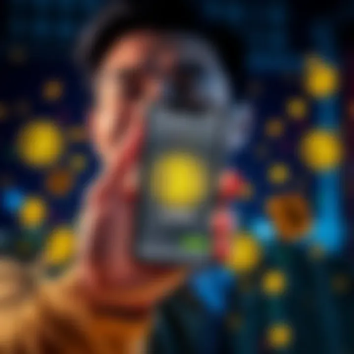 A person smiling while holding a smartphone displaying a Bitcoin wallet with 0.5 BTC, surrounded by cryptocurrency icons.