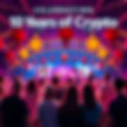 A vibrant celebration showing a group of people enjoying a festive atmosphere with decorations representing cryptocurrency and financial growth.