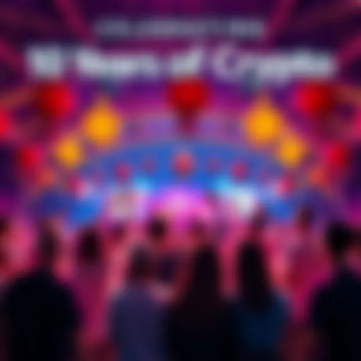 A vibrant celebration showing a group of people enjoying a festive atmosphere with decorations representing cryptocurrency and financial growth.