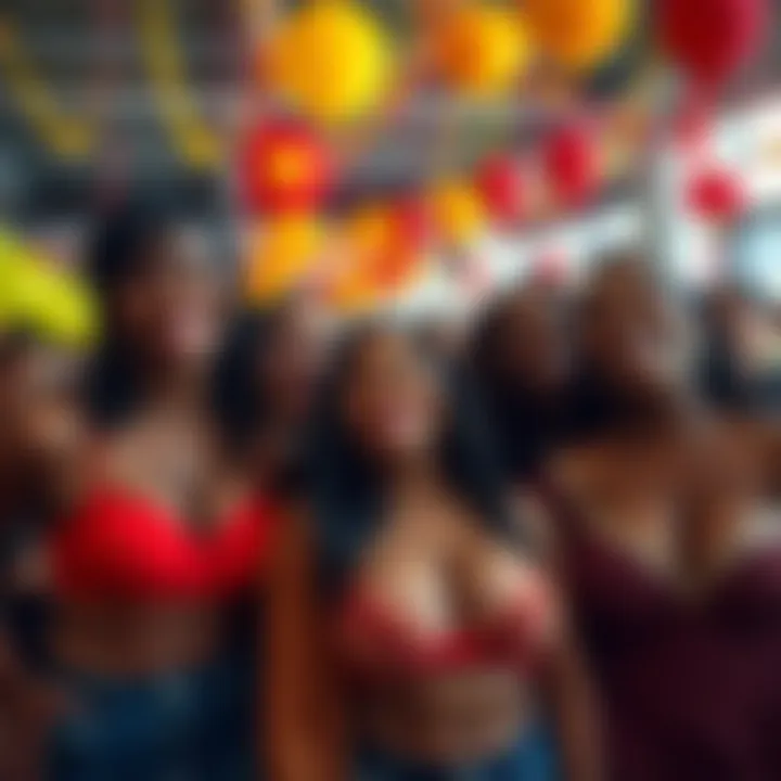 Celebrating Big Boobs A group of diverse people smiling and celebrating their bodies, showcasing big breasts with confidence, surrounded by colorful decorations.