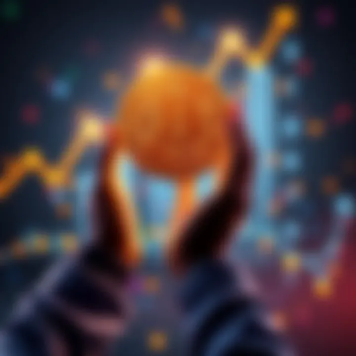 A person holding a Bitcoin symbol with excitement, surrounded by digital graphics representing growth and community