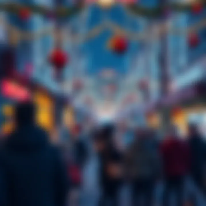 A festive scene with people celebrating the arrival of December, decorated with holiday lights and ornaments.