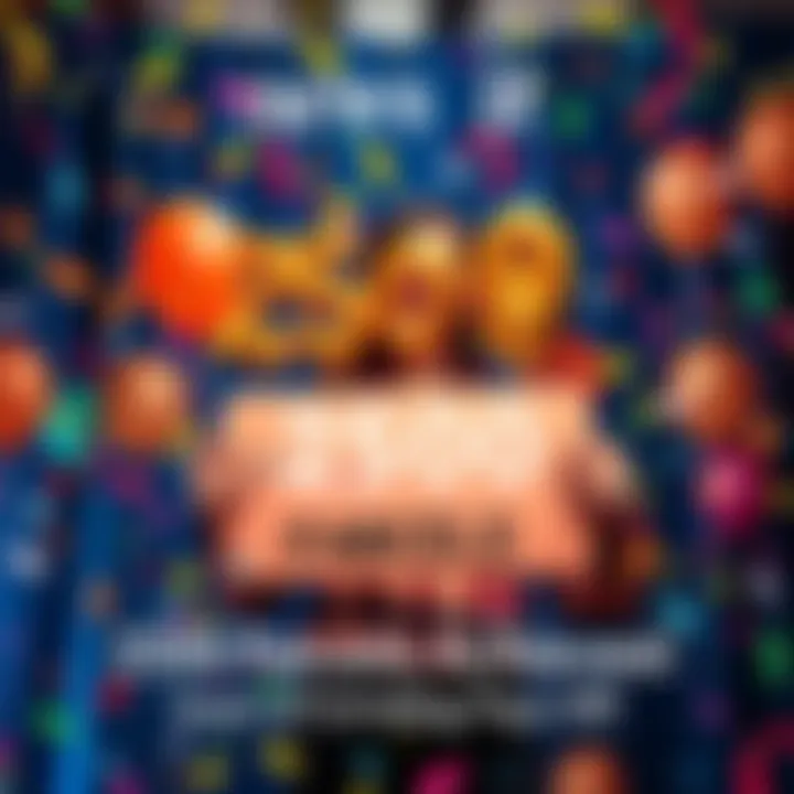 A cheerful person holding a sign that says 2500 parcels, surrounded by colorful confetti and balloons.