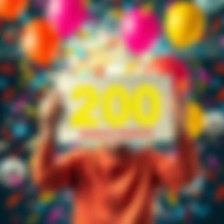 A cheerful person holding a sign that says 200 bonus points, surrounded by colorful confetti and balloons, celebrating a milestone after 90 days of effort.
