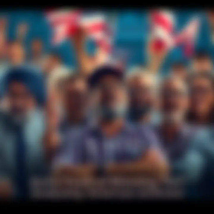 A group of diverse Americans expressing mixed emotions of celebration and fatigue after recent electoral victories, with some holding flags and others appearing tired.