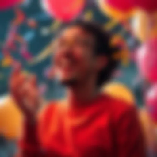 A person joyfully celebrating their achievement with Kaspa, surrounded by confetti and balloons.