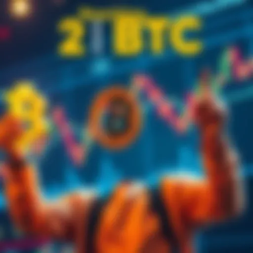 A person happily holding a Bitcoin symbol, showing excitement for achieving the 2 BTC milestone earlier than planned, with a market chart in the background.