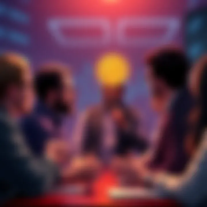 A group of people discussing Bitcoin with one individual being silenced by a moderator. The scene represents censorship in online forums.