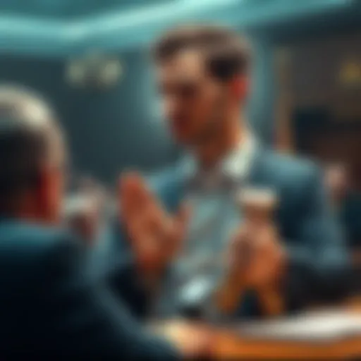 A courtroom scene showing a CEO with hands in cuffs, looking distressed as a judge delivers the sentence, emphasizing the impact on the cryptocurrency market
