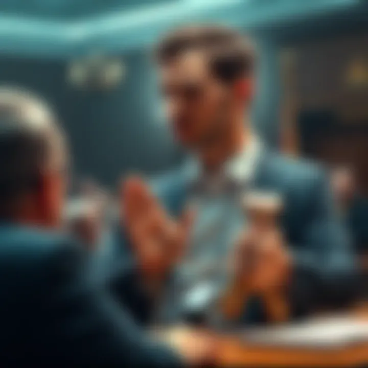 A courtroom scene showing a CEO with hands in cuffs, looking distressed as a judge delivers the sentence, emphasizing the impact on the cryptocurrency market