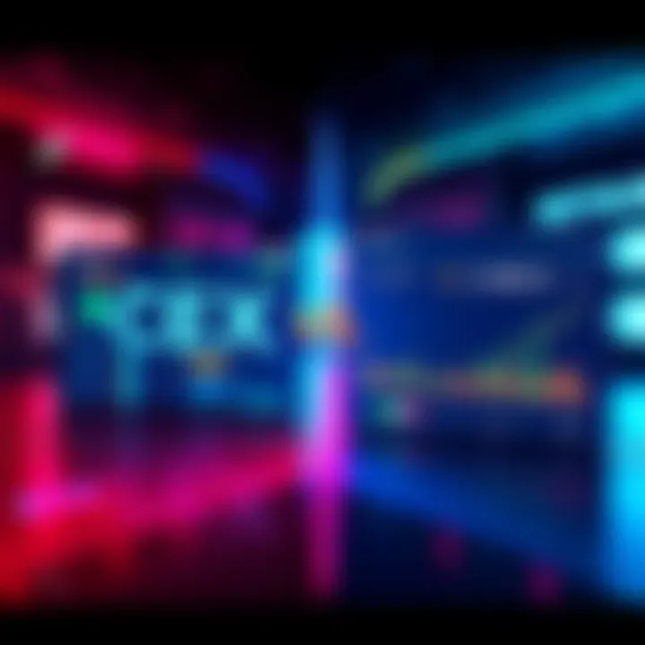 A visual comparison showing a centralized exchange platform on one side and a decentralized exchange interface on the other, highlighting key differences.