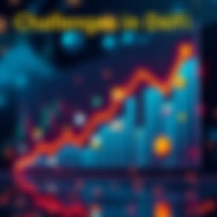 A visual representation of the struggles faced by decentralized finance projects, showing a downward trend on a financial graph with icons representing various DeFi elements.