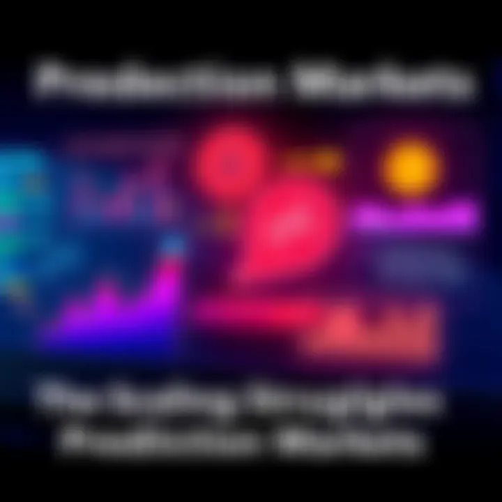 A graphic showing the obstacles faced by prediction markets in DeFi, highlighting liquidity issues, user experience challenges, and design problems with visuals of charts and symbols representing thes...