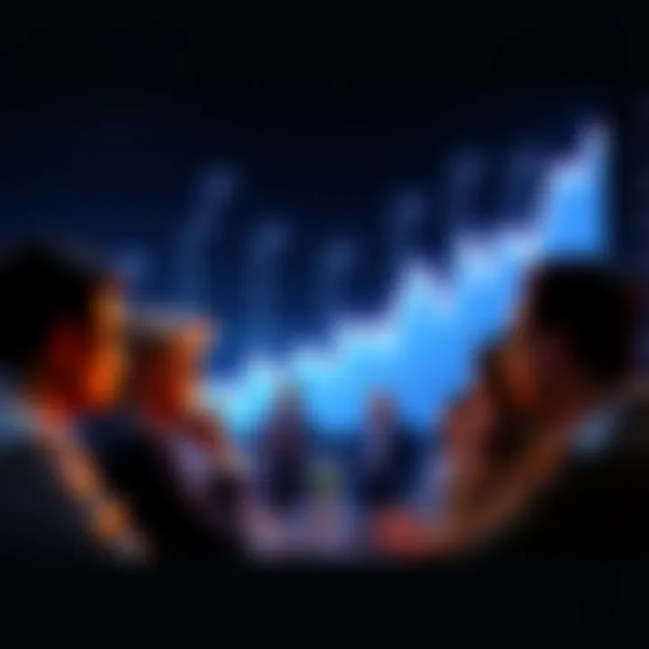 People discussing cryptocurrency opinions over time, with a graph showing fluctuating sentiments in the background.