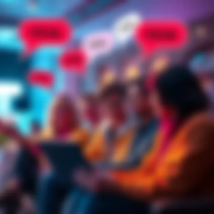 A group of people chatting online, celebrating a moment with 'nice' requests in the chat, with speech bubbles showing positive messages.