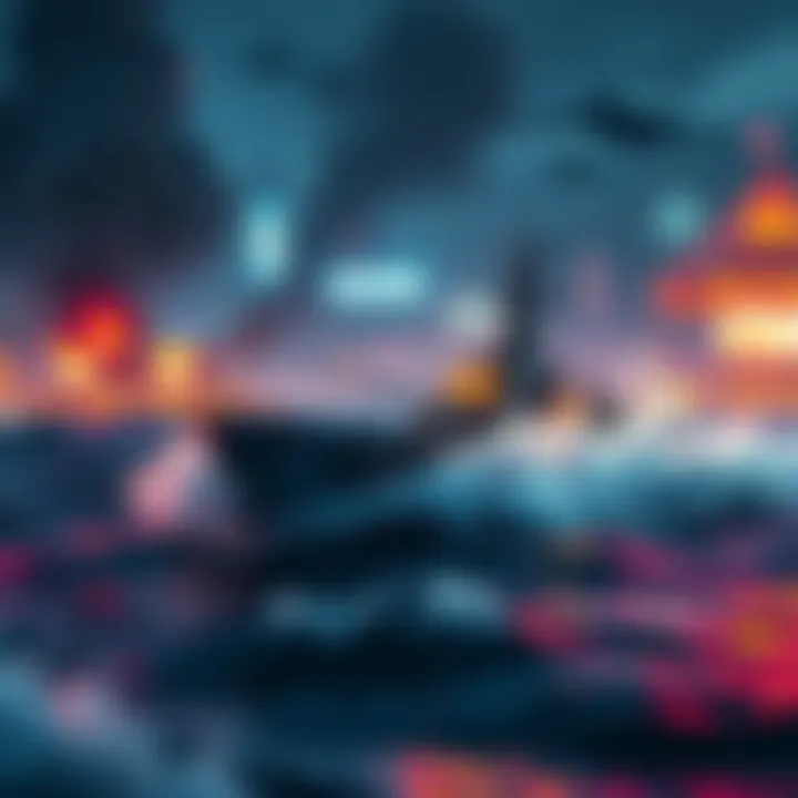 A digital ship navigating through turbulent waters, representing the gaming competition and issues of fairness among players.