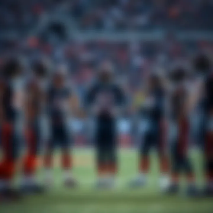 Bears Players on the Field Chicago Bears players in a huddle during a game, showing signs of concern and frustration amid a challenging season.
