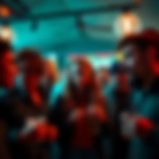 A group of people engaged in deceitful behavior at a social gathering, displaying different facial expressions and interactions that suggest manipulation or trickery.