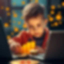 A young child looking at a colorful Bitcoin chart with curiosity, surrounded by coins and a laptop