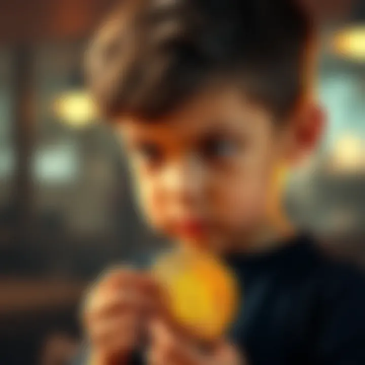 An 11-year-old child looking thoughtful while holding a small Bitcoin symbol, pondering investment choices