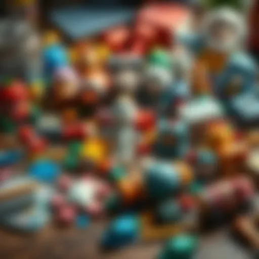 A collection of childhood toys and items scattered on a wooden table, evoking nostalgia and happy memories.
