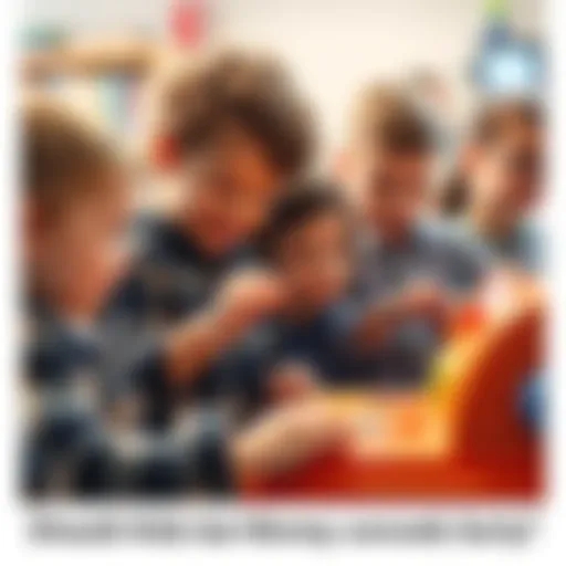 A group of kids counting coins and using a toy cash register to learn about money