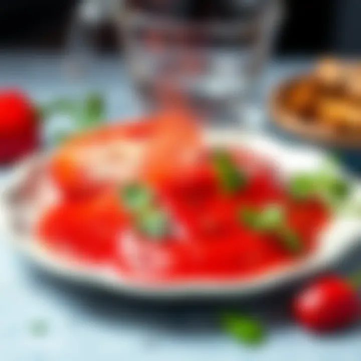 A plate of food topped with bright red chilli sauce, showing a vibrant splash of color and flavor, surrounded by fresh ingredients like herbs and spices.