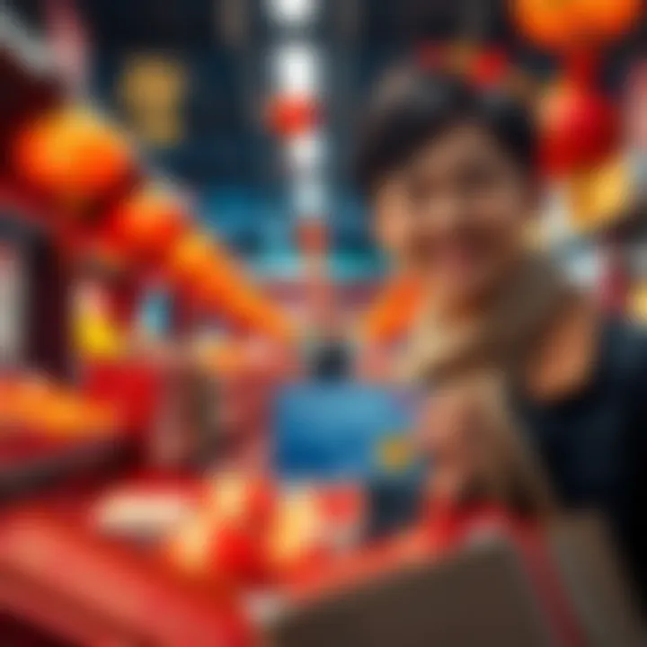 A person holding a BitMartCard while shopping for Chinese New Year gifts and food, smiling with festive decorations in the background