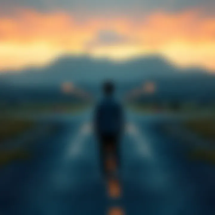 Person making choices A person standing at a crossroads contemplating different paths ahead, symbolizing decision making and personal choice.