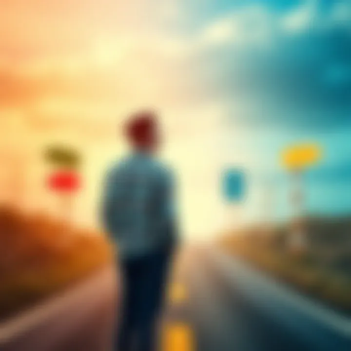 A person standing at a fork in the road, contemplating decisions, with colorful signs pointing in different directions.