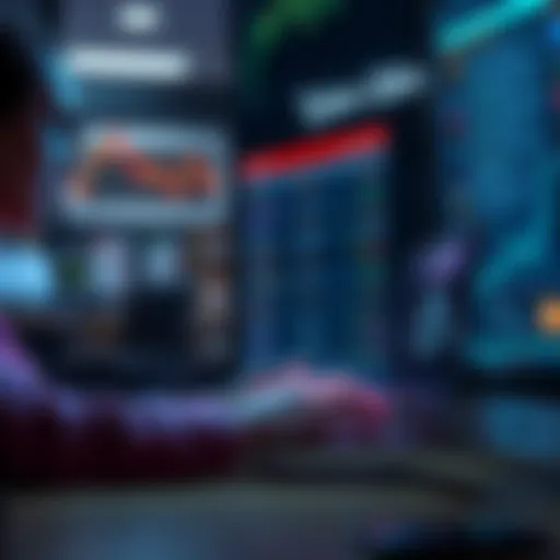 A person checking their laptop for cryptocurrency exchange safety features, including security measures and licensing information, with a lock symbol representing safety.